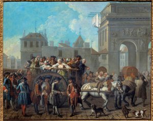 Ilontyttöjen käytös Salpetrieressa, kulku Saint Bernardin porttien ohi Nykyinen Salpetrieren sairaala oli alun perin vankila ja naisten hoitopaikka. Etienne Jeauratin (1699-1789) maalaus 1757 Dim. 0,65 x 0,82 m Pariisi, Musee Car tekijältä Étienne Jeaurat