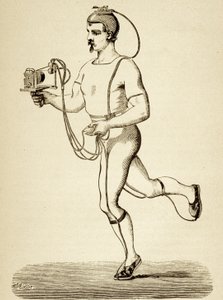 Juoksijalle toimitettu laite, jonka tarkoituksena oli rekisteröidä hänen eri tahtinsa, julkaisusta Popular Science Monthly, pub.1875