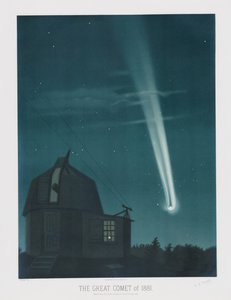 Vuoden 1881 suuri komeetta, havaittiin yönä 25.–26. kesäkuuta, klo 1.30, Trouvelot Astronomical Drawings 1881 -julkaisusta, pub. 1881 (värilitografia) tekijältä Étienne Léopold Trouvelot