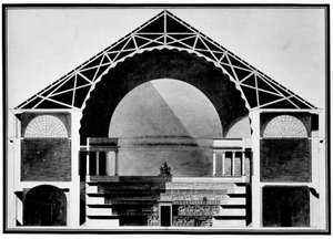 Bibliotheque Royale de France, rakennuksen poikkileikkauspiirustus. Arkkitehtuuri: Etienne Louis Boullee (Etienne-Louis Boullee), ranskalainen arkkitehti (1728-1799).