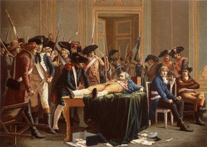 El matí del 10è Termidor Any II; Maximilien de Robespierre, amb una mandíbula fracturada, estès sobre una taula (cromolitho)finlandès tekijältä Etienne Lucien (after) Melingue