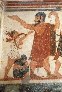 Hahmo voi olla ottelun erotuomari. (Freskon yksityiskohta, 530 eKr.) tekijältä Etruscan