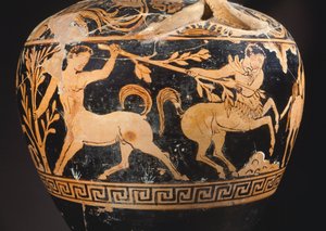 Centauromachyn maalarin amfora, yksityiskohta kentaurien välisestä taistelusta. Punahahmoista keramiikkaa Poranosta (Umbria). Etruskien sivilisaatio, 4. vuosisadalla eKr. tekijältä Etruscan