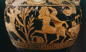 Centauromachyn maalarin amfora, yksityiskohta kentaurista. Punahahmoista keramiikkaa Poranosta (Umbria). Etruskien sivilisaatio, 4. vuosisadalla eKr. tekijältä Etruscan
