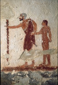 Vanha mies nuoren miehen seurassa (Fresko, yksityiskohta, 530 eKr.) tekijältä Etruscan