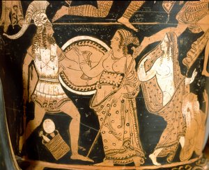 Antiikki etruski: kellossa oleva kraatteri, joka edustaa Troijan tuhoa: yksityiskohta Menelasta kohti Aphroditea, Helene on edustettuna oikealla. Falerii Veteres (Civita Castellana). 350-300 eaa. Rooma, Museo Nazionale di Villa Giulia tekijältä Etruscan