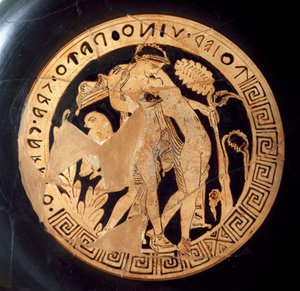 Etruskien antiikki: yksityiskohta kylixistä, joka edustaa Dionysosta ja Arianea. Falerii Veteres (Civita Castellana) 6. vuosisadalta eKr. Rooma, Villa Giulian kansallismuseo tekijältä Etruscan
