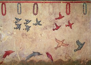 Vesilinnut ja hyppivät delfiinit, metsästyksen ja kalastuksen haudasta, n. 520-10 eKr. (seinämaalaus) tekijältä Etruscan