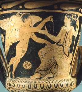 Villia Giulia Painterin verhiökrater (iso maljakko), joka kuvaa Ateenaa ja siivellistä henkeä. Punakuviokeramiikkaa Cerveteristä (Lazio). Etruskien sivilisaatio, 4. vuosisadalla eKr. tekijältä Etruscan