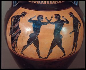 Etruskien sivilisaatio: Terracotta amphora decoree d"une scene de pugilat, yksityiskohta 550-500 eKr. Soturin haudasta Vulcissa, Italiassa tekijältä Etruscan