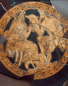 Etruskien antiikki: yksityiskohta Poseidonia ja Amphitritea esittävästä kylixistä. Falerii Veteresista (Civita Castellana) 6. vuosisadalta eaa. Rooma, Museo Nazionale di Villa Giulia. tekijältä Etruscan