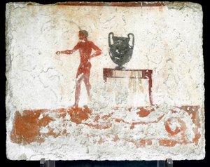 Etruskien taide: nuori alaston efebe lähellä pöytää, johon asetetaan maljakko. Fresko "sukeltajan" haudasta. Paestumin eteläiseltä hautausmaalta. 480-470 eaa. Museo Archeologico Nazionale, Paestum tekijältä Etruscan