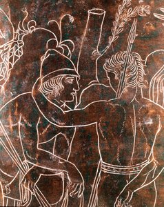 Etruskien taide: yksityiskohta pronssisesta Ficoroni Cistussta, joka edustaa legendaa argonauteista. Preneste (Palestrina). 340 eaa. Villa Giulian kansallismuseo, Rooma tekijältä Etruscan