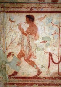 Etruskien taide: freskot, jotka esittävät juhlakohtauksia, yksityiskohta huilunsoittajaa. Trikliniumin hauta. 5. vuosisadalla eaa. Italian Tarquinian kansallinen arkeologinen museo tekijältä Etruscan