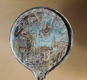Etruskien taide: peilin takaosa pronssista: Aphrodite suostutteli Helenen seuraamaan Pariisia Troijaan. 5. vuosisadalla eaa. Rooma, Museo Nazionale di Villa Giulia tekijältä Etruscan