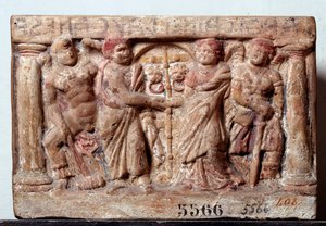 Etruskien sivilisaatio: Terrakotta-uurna Chiusista Italiasta - 2. vuosisadalla eKr. Koko 20x30 cm (etruskien taide: terrakottauurna 2. vuosisadalla eKr.) Firenze, Museo Archeologico, inv 5566 tekijältä Etruscan