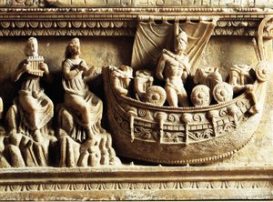 Etruskien sivilisaatio, alabasteriuurna, yksityiskohta reliefistä, joka kuvaa Odysseusta ja sireenejä tekijältä Etruscan