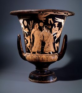 Etruskien sivilisaatio: Nazzanon taidemaalarin terrakottakraatterikoristelu, joka edustaa Apolloa ja menadia, 350 eKr. Dim 57 cm, Civita Castellanan paikalta tekijältä Etruscan