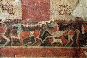 Hevoset ja ratsastaja. (Freskon yksityiskohta, 510 eKr.) tekijältä Etruscan