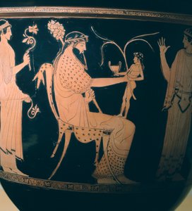 Altamura Painterin kraatteri (iso maljakko), yksityiskohdassa Dionysos. Punahahmoista keramiikkaa. Etruskien sivilisaatio, 5-4 eKr. tekijältä Etruscan