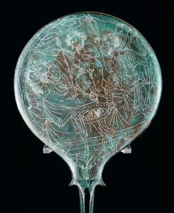 Peili, joka kuvaa juhlakohtausta, pronssinen esine Prenestestä (Lazio). Etruskien sivilisaatio, 4. vuosisadalla eKr. tekijältä Etruscan