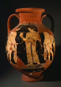 Sommavillan maalarin Pelike, jossa tyttö esittelee granaattiomenaa (rekonstruoitu). Punahahmoista keramiikkaa Orvietosta (Umbria). Etruskien sivilisaatio, 4. vuosisadalla eKr. tekijältä Etruscan