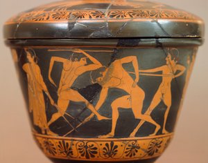 Pyxis urheilijoiden kanssa kuntosalilla. Punahahmokeramiikka, Cerveteristä (Lazio). Etruskien sivilisaatio, 4. vuosisadalla eKr. tekijältä Etruscan