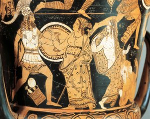 Punahahmoista keramiikkaa, yksityiskohta kraatista, joka kuvaa Menelaosta kohtaamassa Afroditen hänen saapuessaan Helenaan, Civita Castellanasta, muinaisesta Faleriista, Rooman maakunnasta, Italiasta tekijältä Etruscan