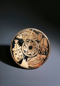 Punahahmoinen keramiikka astia kalakoristeella, Cerveteri tekijältä Etruscan