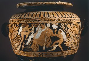 Stamnos (nesteen varastointiastia), yksityiskohdassa Dionysus ja Ariadne. Punahahmoista keramiikkaa Poranosta (Umbria). Etruskien sivilisaatio, 4. vuosisadalla eKr. tekijältä Etruscan