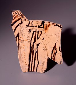 Terrakottafragmentti kylixistä, joka edustaa maenadia ja satyyriä, 350 eaa tekijältä Etruscan