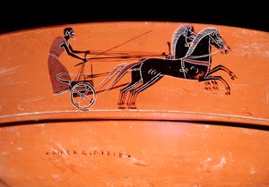 Detall de gerro de terracota que representa un carro tirat per dos cavalls, segle IV a.C. tekijältä Etruscan
