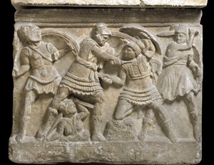 Etruskien taide: "" Eteokle ja Polynike"" kaksi veljestä, Oidipuksen poika, Basin reliefi Chiusin sarkofagista, 3. vuosisadalla eKr. - Palermo, Museo Archeologico Nazionale - Kaksintaistelu veljien Eteokleen ja Polynikeksen, Oidipuksen poikien välillä - he