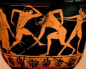 Etruskien taidetta: pyxis koristaa palestra-kohtausta, urheilijat harjoittelevat keihäänheittoa Cerveteristä. Rooma, Museo di Villa Giulia