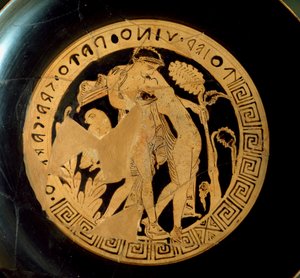 Etruskien sivilisaatio: yksityiskohta kylixistä, joka edustaa Arianea (Ariadnea) ja Dionysosta. Necropolis Falerii Veteresistä. Rooma, Villa Giulia tekijältä Etruscan Etruscan