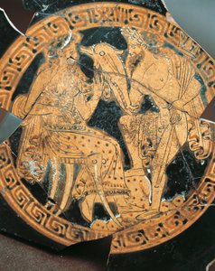 Punakuvioinen keramiikka, Poseidonia ja Amphitritea esittävän kraterin sisäkoristelu, etruskien sivilisaatio. tekijältä Etruscan Etruscan