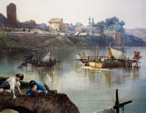 Kalastajien giornelli (kalanpyörät) Tiberissä lähellä Porto di Ripa Grandea Roomassa, kirjoittanut Ettore Roesler Franz (1845-1907), akvarelli, Italia