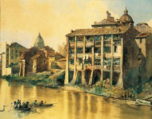 Italia, Rooma, vanhat talot Tiber-joen varrella, kirjoittanut Ettore Roesler Franz, akvarelli