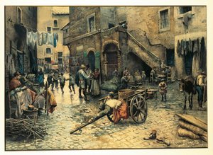 Italia, Rooma, Katuelämää Via Capocciutolla (juutalais)ghetossa Roomassa kirjoittanut Ettore Roesler Franz, akvarelli