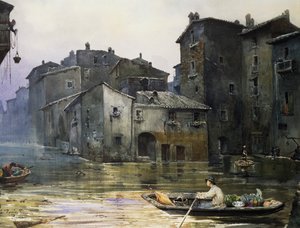 Via della Fiumara tulvinut Roomassa, kirjoittanut Ettore Roesler Franz (1845-1907), akvarelli, Italia