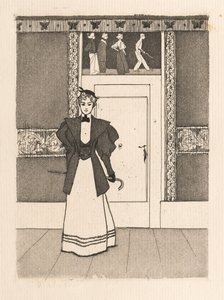 Sisustus, jossa nuori nainen kävelyasussa, 1895. tekijältä Eugen Kirchner