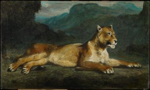Lioness makuuasentoon, n. 1855 (öljy paneelille) tekijältä Eugene  Delacroix