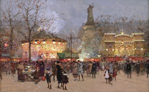 Fete, Place de La Republiquessa, Pariisissa (musta liitu ja guassi paperilla) tekijältä Eugene Galien Laloue