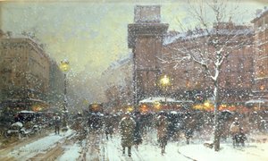 Porte St. Martin, Pariisi (musta liitu ja guassi paperilla) tekijältä Eugene Galien Laloue
