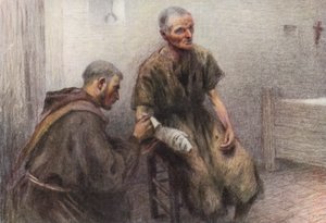 Munkki Bentivoglia hoitaa lepraa (värilitografia)