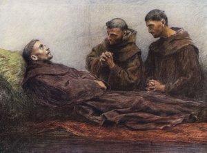 Pyhä Fransiskus sairaana Assisin piispan palatsissa (värilitografia) tekijältä Eugene (after) Burnand