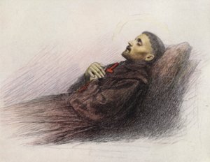 Pyhä Fransiskus kuolinvuoteellaan (värilitografia) tekijältä Eugene (after) Burnand