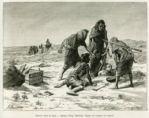 Hautaa hiekkaan. Eugene Girardetin kaiverrus havainnollistamaan tarinaa Viisi kuukautta Länsi-Saharan paimentolaissummilla, vuonna 1887, Camille Douls, in le tour du monde 1888 Edouard Chartonin (1807-1890) johdolla, Hachette, Pariisi.