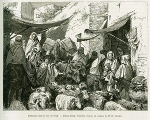 Hämmentynyt Teboursouk Souk Streetillä. Kaiverrus Eugene Girardet havainnollistaa tarinaa Voyage en Tunisie, kirjoittaneet R.Cagnat ja H.Saladin, syytteet arkeologisesta tehtävästä yleissivistävästä opetusministeriöstä, tour du monde 1888, ohjeen alla