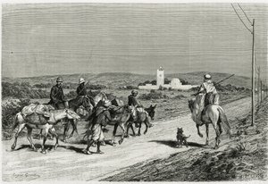 Trailerimme liikkuu. Kaiverrettu Eugene Girardet havainnollistamaan tarinaa "" Voyage en Tunisie"", historioitsija Rene Cagnat (1852-1937) ja arkkitehti Henri Saladin (1851-1923), tilaus 1882-1883 opetusministeriön toimesta. Julkaistu i